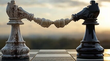Two chess pieces, a light-gray and a dark-gray king, connected by a chain, stand on a chessboard at sunset.Blurred background shows landscape - Powered by Adobe
