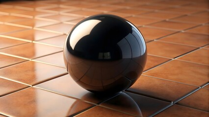 Glossy Black Sphere on Matte Brown Tile Surface