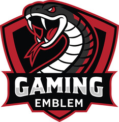 Naklejka premium Aggressive Cobra Mascot Gaming Emblem Featuring Bold Red, Black, and White Design with an Edgy and Modern Aesthetic