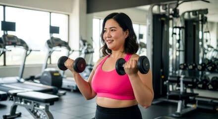 Fototapeta premium Asian woman training with dumbbells in a gym, focus on arm strength and fitness. Active lifestyle and health concept.