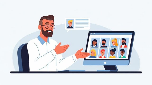 A male manager leads a team video conference call from his desk, corporate Memphis and flat design.
