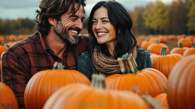 Couple Smiles Happily Among Pumpkins In Autumn Pumpkin Patch