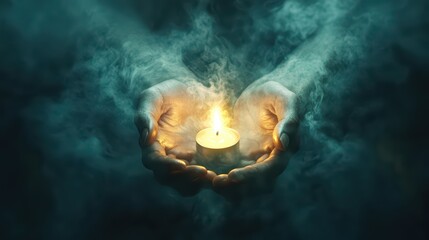 A majestic form radiating pure white light, hands cupped around a flickering candle held by a solitary figure