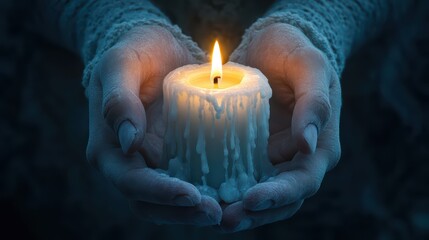 A majestic form radiating pure white light, hands cupped around a flickering candle held by a solitary figure