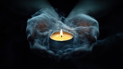 A majestic form radiating pure white light, hands cupped around a flickering candle held by a solitary figure
