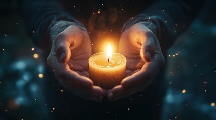 A majestic form radiating pure white light, hands cupped around a flickering candle held by a solitary figure