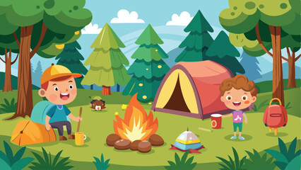 Naklejka premium Cartoon Camping Adventure Kids, Tent, Campfire, Backpack, Trees, and Outdoor Fun Illustration