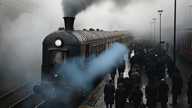 Vintage Steam Train Arriving In Misty Train Station