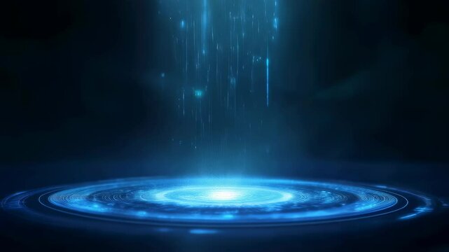 Futuristic blue light beam descending onto glowing circle with particles