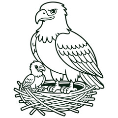 Eagle and Baby in Nest Coloring Page Cartoon Bird Line Art Illustration for Kids