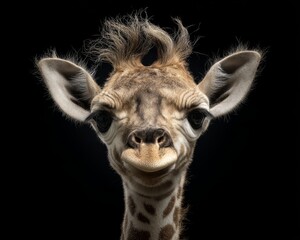 Adorably Wild Fluffy Baby Giraffe Stares Into Your Soul. Baby giraffe with fluffy fur on black background. Perfect for creative projects, kids media or wildlife stories