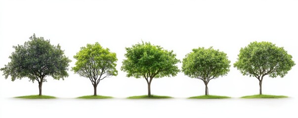 Fototapeta premium Five Green Trees on White Background, Greenery, Nature ,Tree growth