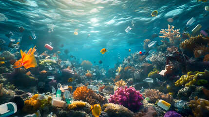 Naklejka premium coral reef destroyed by plastic pollution, with vibrant marine life struggling among discarded plastic bottles and bags