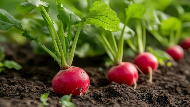 Vibrant radish growth sequence in lush garden soil