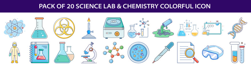 A colorful set of science lab and chemistry icons representing experiments