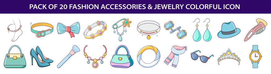 Colorful fashion accessories and jewelry icons collection for design and presentations