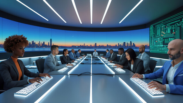 Modern business team working together in contemporary office with futuristic technology and city skyline
