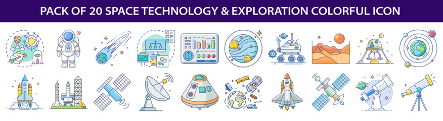 A diverse collection of 20 space exploration and technology themed vector icons