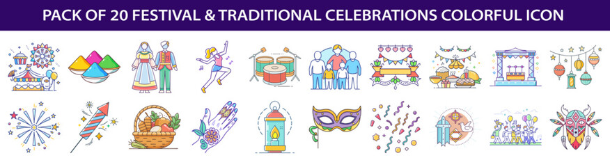 Colorful Icon Set Featuring Twenty Unique Festival and Traditional Celebration Designs