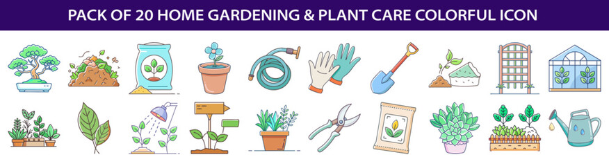 Colorful Icons Set Showcasing Diverse Home Gardening and Plant Care Elements