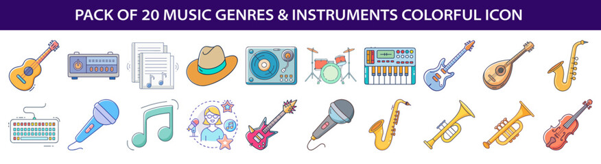 A colorful pack of twenty musical instruments and music genre icons