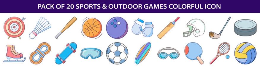 Collection of twenty sports and outdoor game cartoon style colorful icons vector