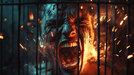 A spectral figure thrashing inside a cage of jagged metal bars as sparks fly from clenched teeth and fists