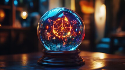 An enchanted crystal ball showing arcane symbols paralleled by a holographic display of molecular structures
