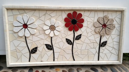 framed mosaic wall art featuring stylized flowers in mixed stone tiles and bold red accents on neutral background