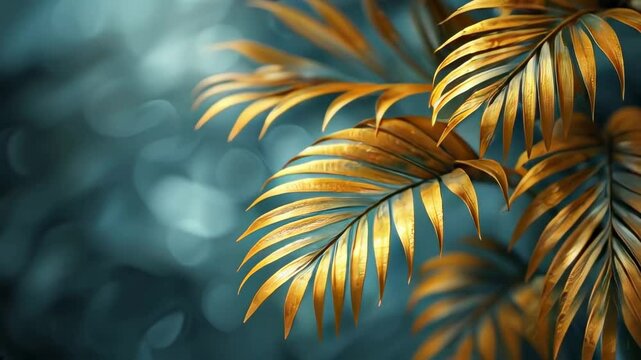 Horizontal slow motion video of vibrant tropical blue and gold foliage with lush exotic leaves and botanical patterns, creating a natural, ornamental background perfect for text placement.