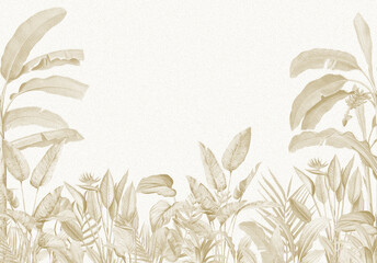 Aged Nature Wall Mural: Faded Sepia Banana Plants & Abstract Tropical Background