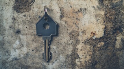 House-Shaped Key on Grungy Background, Home Ownership, Real Estate Home Key, House Key