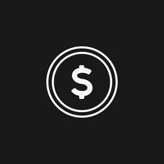 Dollar Coin on Black Background, Representing Currency, Money, or Financial Transactions, White Outline Icon