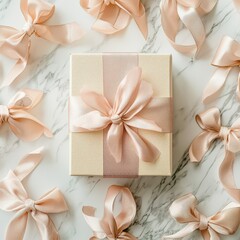 A gift box with a pink bow on top of it