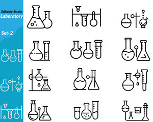 A laboratory icon set includes detailed vector illustrations of lab equipment and scientific tools such as test tubes, flasks, microscopes, petri dishes, safety gear, and chemical symbols.