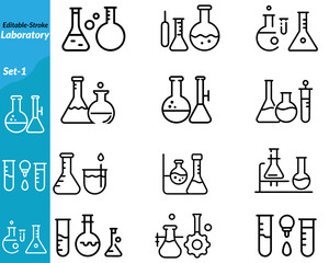 A laboratory icon set includes detailed vector illustrations of lab equipment and scientific tools such as test tubes, flasks, microscopes, petri dishes, safety gear, and chemical symbols.