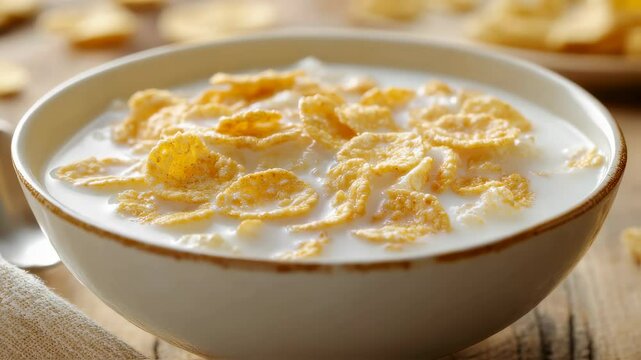 Morning routine: closeup of golden cornflakes with milk in a cozy kitchen setting
