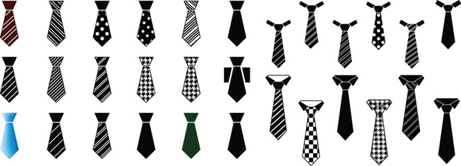 Diverse Collection of Necktie Illustrations Formal Wear and Fashion Accessories Represented in a Graphic Black and White Ensemble