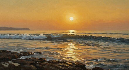 Obraz premium Gentle Ocean Waves at Golden Sunset, Oil Painting