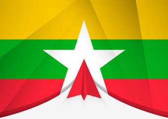 Myanmar Flag with Abstract Paper Airplane Design, National Flag in a geometric folded paper style.