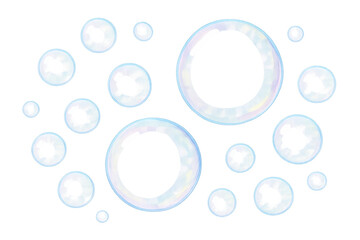 Assortment of iridescent soap bubbles floating on a transparent background, creating a clean and pure aesthetic