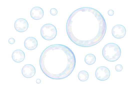 Assortment of iridescent soap bubbles floating on a transparent background, creating a clean and pure aesthetic