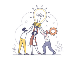 Outline Icon of People Lifting Lightbulb Together – Brainstorming and Creative Idea Concept