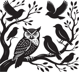 Fototapeta premium Owl And Birds Silhouette Illustration With Leaves