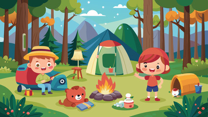 Cartoon Kids Camping in the Forest with Tent, Campfire, and Mountain Scenery