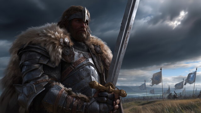 A fierce medieval warlord standing atop a hill overlooking a battlefield, wearing heavy plate armor adorned with fur and battle scars, gripping a massive sword or axe.