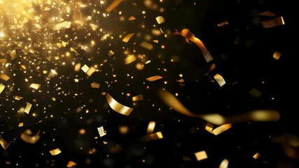 Glittering gold confetti falling in slow motion black background celebration