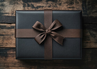 Elegant black wrapped gift box with dark brown bow on a rustic wooden table. Generative AI