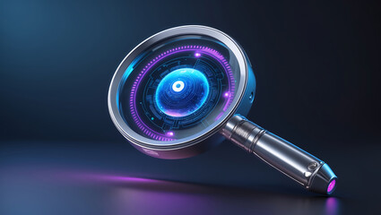 Futuristic magnifying glass with glowing digital interface on dark background