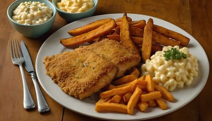 plate of fried fish fillet with sweet potato fries and macaroni and cheese